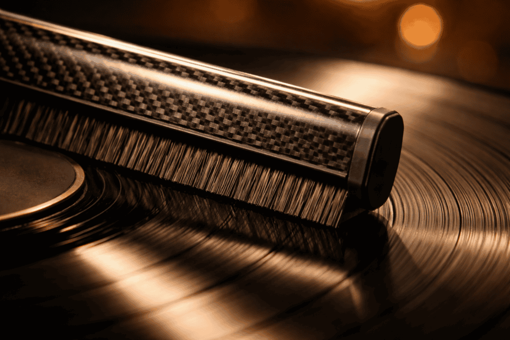 Carbon fiber anti-static brush cleaning a vinyl record