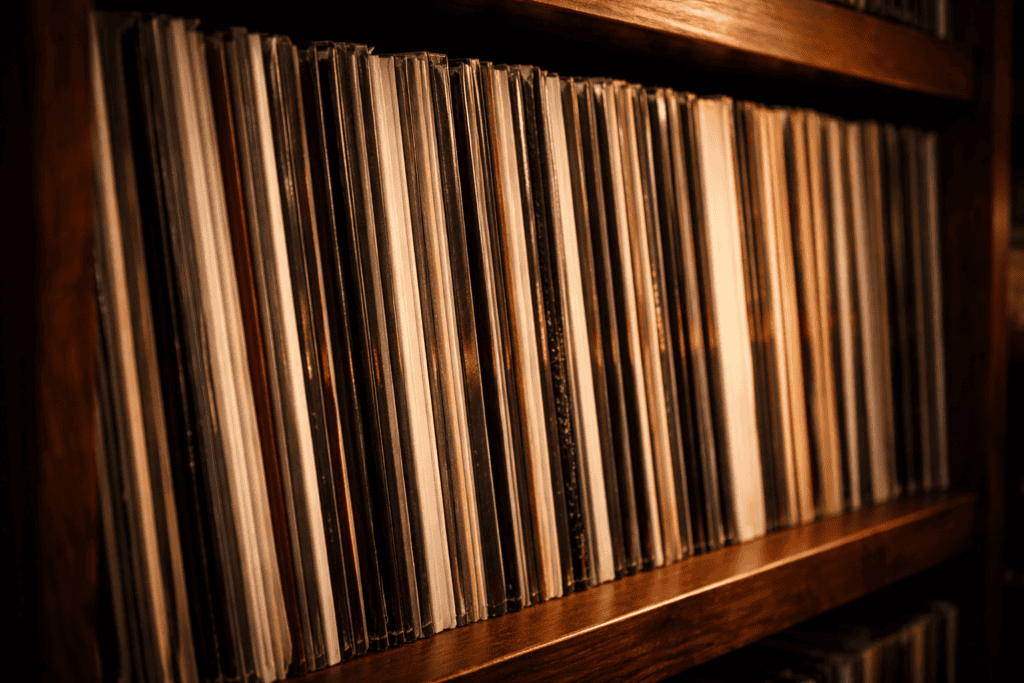 Vinyl records stored vertically on a shelf