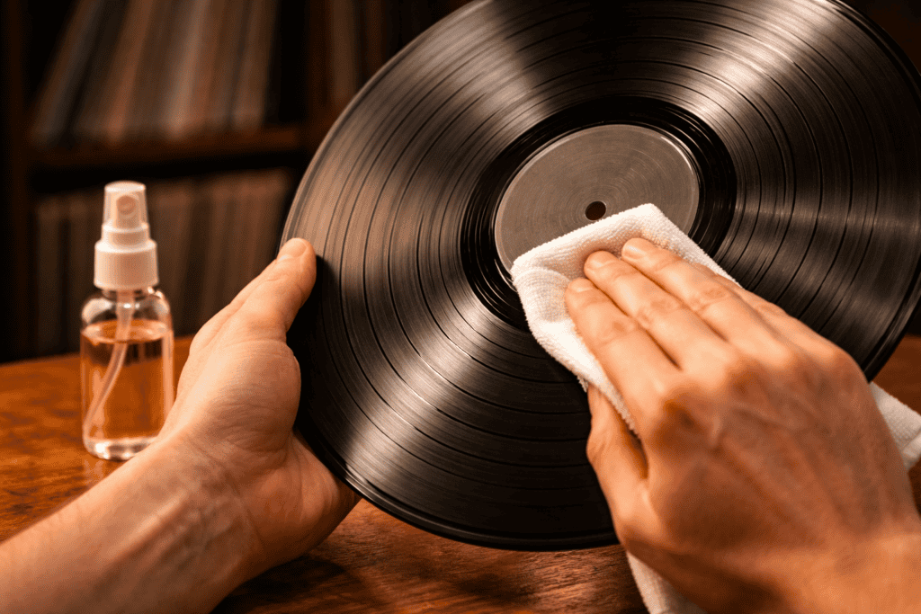 Wet cleaning a vinyl record with a microfiber cloth